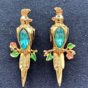 Gold and Teal Parrot Brooches with Pink Accents